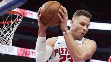 Feb 1, 2018; Detroit, MI, USA; Detroit Pistons forward Blake Griffin (23) grabs the rebound in the first half against the Memphis Grizzlies at Little Caesars Arena. Mandatory Credit: Rick Osentoski-USA TODAY Sports
