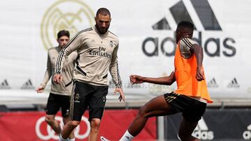 Benzema y Vinicius, en el entrenamiento del Real Madrid.
