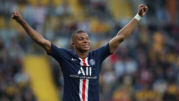 Paris Saint-Germain&#039;s French forward Kylian Mbappe celebrates after scoring the 3-0 goal during the pre-season friendly football match  Dynamo Dresden v Paris Saint-Germain (PSG) in Dresden, eastern Germany, on July 16, 2019. (Photo by Ronny Hartmann