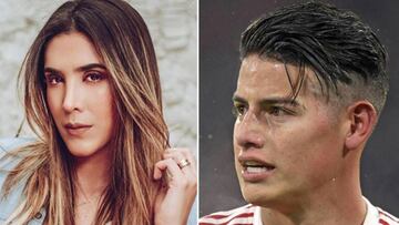 Daniela Ospina posando como modelo y James Rodr&iacute;guez durante un partido con el Bayern de M&uacute;nich.