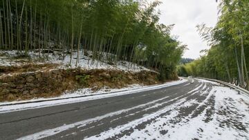 Carretera autonómica en Asturias con nieve.