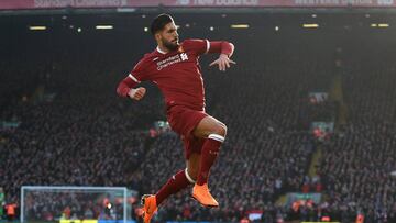 Liverpool's German midfielder Emre Can celebrates scoring the team's first goal during the English Premier League football match between Liverpool and West Ham United at Anfield in Liverpool, north west England on February 24, 2018. / AFP PHOTO