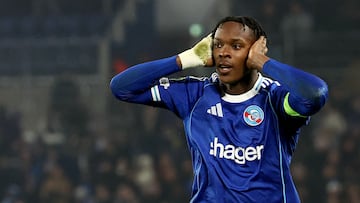 Strasbourg�s Dutch-Nigerian forward #10 Emanuel Emegha celebrates scoring his team's first goal during the UEFA Europa Conference League football match between RC Strasbourg Alsace and Crystal Palace FC at the Stade de la Meinau in Strasbourg, eastern France, on November 27, 2025. (Photo by Frederick FLORIN / AFP)