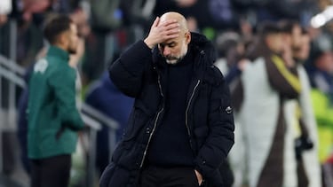 FILE PHOTO: Soccer Football - Champions League - Juventus v Manchester City - Allianz Stadium, Turin, Italy - December 11, 2024 Manchester City manager Pep Guardiola reacts at the end of the match REUTERS/Claudia Greco/File Photo