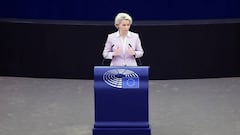 BRUSSELS, BELGIUM - JUNE 08: President of the European Commission, Ursula von der Leyen and President of the European Council, Charles Michel (not seen) hold a press conference during the plenary session of European Parliament in Brussels, Belgium on June 08, 2022. (Photo by Dursun Aydemir/Anadolu Agency via Getty Images)