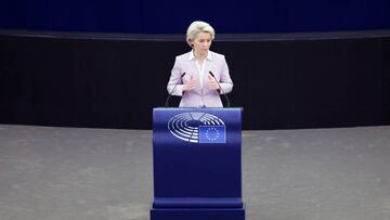 BRUSSELS, BELGIUM - JUNE 08: President of the European Commission, Ursula von der Leyen and President of the European Council, Charles Michel (not seen) hold a press conference during the plenary session of European Parliament in Brussels, Belgium on June 08, 2022. (Photo by Dursun Aydemir/Anadolu Agency via Getty Images)