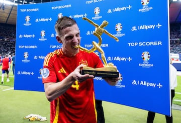 Dani Olmo con el trofeo que le acredita máximo goleador de la Eurocopa.