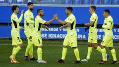 Los jugadores del Atl&eacute;tico se felicitan por el 0-1.