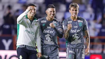 Angel Estrada, James Rodriguez, Nicolas Fonseca of Leon during the 1st round match between Pachuca and Leon as part of the Liga BBVA MX, Torneo Clausura 2025 at Hidalgo Stadium, on February 05, 2025 in Pachuca, Hidalgo, Mexico.