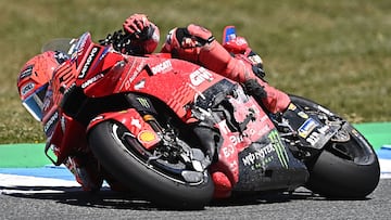 Ducati Lenovo Team's Spanish rider Marc Marquez competes in the MotoGP Spanish Grand Prix at the Jerez racetrack in Jerez de la Frontera, on April 27, 2025. (Photo by JORGE GUERRERO / AFP)