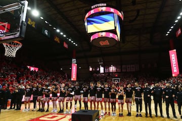 PISCATAWAY, NJ - FEBRUARY 26: The Rutgers Scarlet Knights and Wisconsin Badgers pause for a moment of silence for the lives lost in Ukraine before a game at Jersey Mike's Arena on February 26, 2022 in Piscataway, New Jersey.