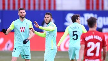 PAMPLONA, SPAIN - JANUARY 24: Luis Suarez of Granada CF celebrates after scoring their sides first goal with team mate Domingos Duarte during the La Liga Santander match between C.A. Osasuna and Granada CF at Estadio El Sadar on January 24, 2021 in Pamplo