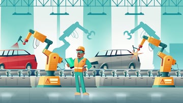 Robotized car factory cartoon vector concept