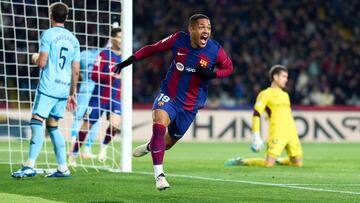 BARCELONA, SPAIN - JANUARY 31: Vitor Roque of FC Barcelona celebrates after scoring his team's first goal during the LaLiga EA Sports match between FC Barcelona and CA Osasuna at Estadi Olimpic Lluis Companys on January 31, 2024 in Barcelona, Spain. (Photo by Alex Caparros/Getty Images)