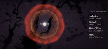 A screenshot from the Outrider Foundation's nuclear simulator, showing the radius of the fireball, shockwave and heat generated by a hypothetical attack on New York City.