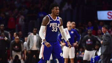 LOS ANGELES, CA - NOVEMBER 13: Robert Covington #33 of the Philadelphia 76ers reacts to his three pointer to take the lead during a 109-105 win over the LA Clippers at Staples Center on November 13, 2017 in Los Angeles, California.   Harry How/Getty Images/AFP
 == FOR NEWSPAPERS, INTERNET, TELCOS &amp; TELEVISION USE ONLY ==