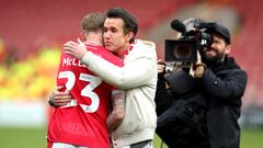 April 27, 2024 Wrexham co-owner Rob McElhenney celebrates after the match with Wrexham's James McClean