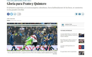 "El colombiano primero le dio fútbol al cuadro de la banda, y después cantó el gol de los goles. Un golazo único para un partido único. Si la hincha de River reivindicó a Pratto, el nombre de Quintero ya está marcado para siempre en la historia grande, definitivamente infinita, de River"