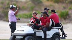 NASSAU, BAHAMAS - DECEMBER 03: Tiger Woods and Charlie Woods look on during the third round of the Hero World Challenge at Albany Golf Course on December 03, 2022 in Nassau, Bahamas.   Mike Ehrmann/Getty Images/AFP (Photo by Mike Ehrmann / GETTY IMAGES NORTH AMERICA / Getty Images via AFP)