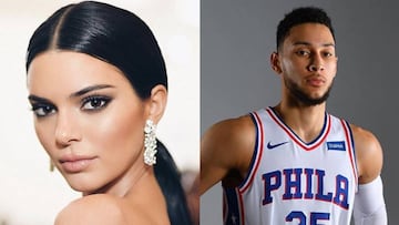 Imágenes de la modelo estadounidense Kendall Jenner, miembro del clan Kardashian, y del jugador de baloncesto Ben Simmons luciendo la equipación de los 76ers de Philadelphia
