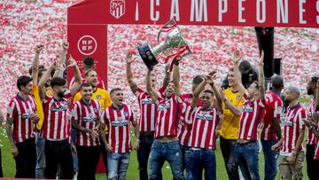 Los jugadores del Atlético en la celebración del título en el Wanda Metropolitano.
