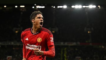 Soccer Football - Premier League - Manchester United v Wolverhampton Wanderers - Old Trafford, Manchester, Britain - August 14, 2023 Manchester United's Raphael Varane celebrates scoring their first goal REUTERS/Dylan Martinez EDITORIAL USE ONLY. No use with unauthorized audio, video, data, fixture lists, club/league logos or 'live' services. Online in-match use limited to 75 images, no video emulation. No use in betting, games or single club /league/player publications. Please contact your account representative for further details.