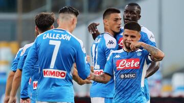 NAPLES, ITALY - JUNE 28: Jose Callejon and Lorenzo Insigne of SSC Napoli celebrate the 2-1 goal scored by Jose Callejon during the Serie A match between SSC Napoli and  SPAL at Stadio San Paolo on June 28, 2020 in Naples, Italy. (Photo by Francesco Pecora