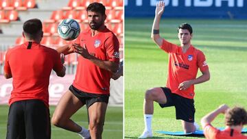 Diego Costa y Morata, en el entrenamiento del Atlético de Madrid esta mañana.
