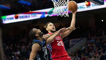 Jan 28, 2020; Philadelphia, Pennsylvania, USA; Philadelphia 76ers guard Ben Simmons (25) drives for a shot against Golden State Warriors guard Alec Burks (8) during the fourth quarter at Wells Fargo Center. Mandatory Credit: Bill Streicher-USA TODAY Sports