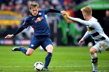 Leipzig's Emil Forsberg gives his side the lead against Borussia Moenchengladbach.