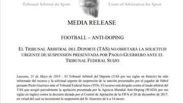 Oficial: el TAS "no se opone" al indulto a Paolo Guerrero