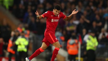 LIVERPOOL, ENGLAND - MAY 07: Luis Diaz of Liverpool celebrates scoring the equaliser during the Premier League match between Liverpool and Tottenham Hotspur at Anfield on May 07, 2022 in Liverpool, England. (Photo by Chris Brunskill/Fantasista/Getty Images)