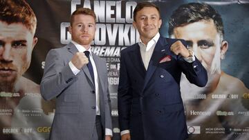 Sa&uacute;l &#039;Canelo&#039; &Aacute;lvarez y Gennady Golovkin durante la gira de presentaci&oacute;n de su combate.