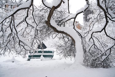 Árboles y un banco cubiertos de nieve en Gramercy Park, Nueva York.
