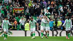 Real Betis American midfielder #04 Johnny Cardoso (C) celebrates scoring his team's third goal during the Spanish league football match between Real Betis and Athletic Club Bilbao at the Benito Villamarin stadium in Seville on February 25, 2024. (Photo by CRISTINA QUICLER / AFP)