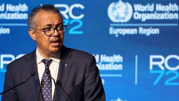 Director-General of the World Health Organisation (WHO) Tedros Adhanom Ghebreyesus delivers a speech during the 72nd session of the WHO Regional Committee for Europe on September 12, 2022 in the Israeli coastal city of Tel Aviv. (Photo by JACK GUEZ / AFP) (Photo by JACK GUEZ/AFP via Getty Images)