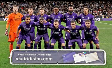 Once inicial del Real Madrid. Andriy Lunin, Toni Kroos, Aurelien Tchouameni, Antonio Rüdiger, Jude Bellingham, Rodrygo Goes, Ferland Mendy, Nacho Fernández, Brahim Díaz y Dani Carvajal.
