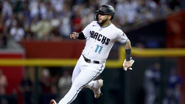 PHOENIX, ARIZONA - OCTOBER 11: Jose Herrera #11 of the Arizona Diamondbacks runs to second base in the eighth inning against the Los Angeles Dodgers during Game Three of the Division Series at Chase Field on October 11, 2023 in Phoenix, Arizona.   Elsa/Getty Images/AFP (Photo by ELSA / GETTY IMAGES NORTH AMERICA / Getty Images via AFP)