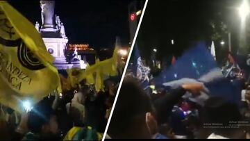 Comparación de aficionados del América y Cruz Azul celebrando en el Ángel de la Independencia