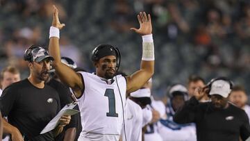 PHILADELPHIA, PA - AUGUST 12: Jalen Hurts #1 of the Philadelphia Eagles reacts against the New York Jets in the second half of the preseason game at Lincoln Financial Field on August 12, 2022 in Philadelphia, Pennsylvania. The Jets defeated the Eagles 24-21.   Mitchell Leff/Getty Images/AFP
== FOR NEWSPAPERS, INTERNET, TELCOS & TELEVISION USE ONLY ==