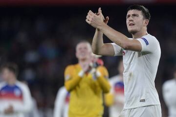Harry Maguire celebrates an historic win after the UEFA Nations League game between Spain and England.