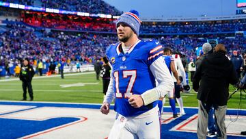 Dec 31, 2023; Orchard Park, New York, USA; Buffalo Bills quarterback Josh Allen (17) jogs off the field after the game against the New England Patriots at Highmark Stadium. Mandatory Credit: Gregory Fisher-USA TODAY Sports