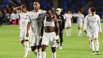 May 28, 2025; Carson, California, USA; LA Galaxy defender Zanka (5, left) and forward Joseph Paintsil (28) leave the field after being defeated by the San Jose Earthquakes at Dignity Health Sports Park. Mandatory Credit: Kiyoshi Mio-Imagn Images