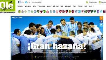 Portada de la edición web del diario argentino Olé tras el triunfo de Aregtina ante Gran Bretaña en Copa Davis.