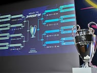 The results are displayed on a screen at the end of the 2025-2026 UEFA Europa League knockout phase play-off draw at the House of European Football in Nyon on January 30, 2026. The draw involves the teams finishing in ninth to 24th place in the league phase � the top eight sides in the league phase qualifying automatically for the round of 16. (Photo by Harold CUNNINGHAM / AFP)