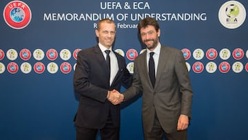 Los presidentes de la UEFA, Aleksander Ceferin, y de la ECA, Andrea Agnelli.