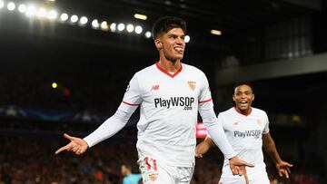 LIVERPOOL, ENGLAND - SEPTEMBER 13:  Joaquin Correa of Sevilla celebrates scoring his sides second goal during the UEFA Champions League group E match between Liverpool FC and Sevilla FC at Anfield on September 13, 2017 in Liverpool, United Kingdom.  (Phot
