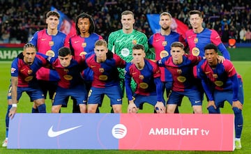 Once inicial del Barcelona. Pau Cubarsí, Joules Koundé, Iñaki Peña, Íñigo Maratínez, Robert Lewandowski, Raphinha, Pedri, Fermín López, Marc Casadó, Gavi y Álex Balde.