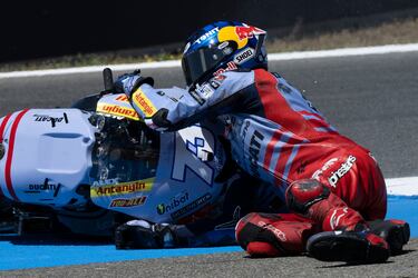 Ducati Spanish rider Alex Marquez crashes during the sprint race of the MotoGP Spanish Grand Prix at the Jerez racetrack in Jerez de la Frontera on April 29, 2023. (Photo by JORGE GUERRERO / AFP)