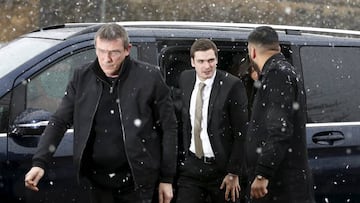 Adam Johnson (centre) pictured arriving at Bradford Crown Court today.